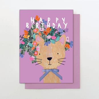 Floral Headband Cat Birthday Card