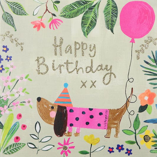 Dog with pink balloon birthday card